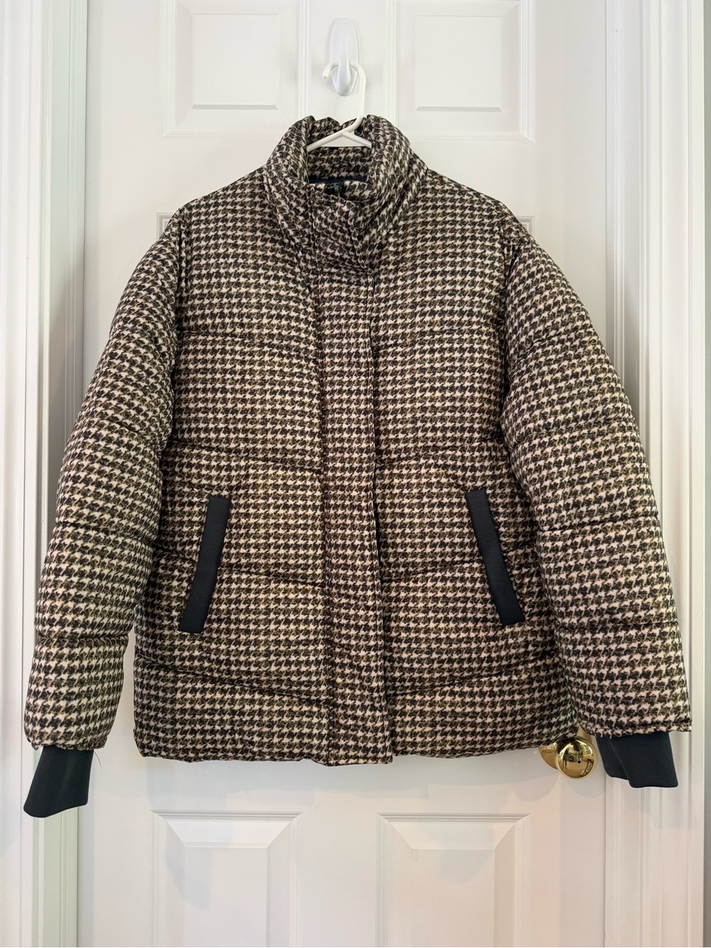 Bernardo EcoPlume Houndstooth Puffer Jacket Brown & Cream Size M
